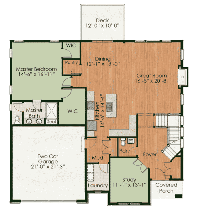 Chesapeake first floor plan with first-floor master, great room and study
