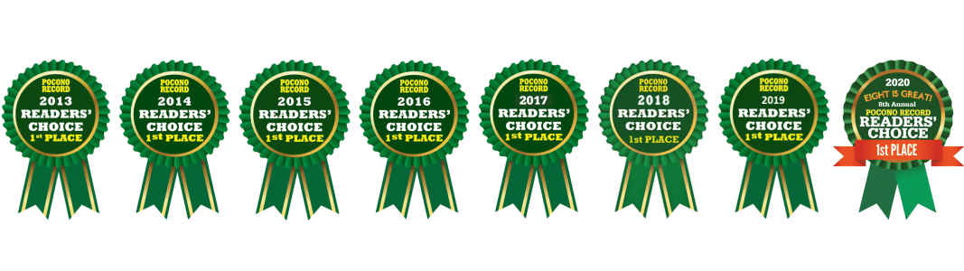 2013-2020 awards banner of eight Pocono Record Readers' Choice 1st place ribbons