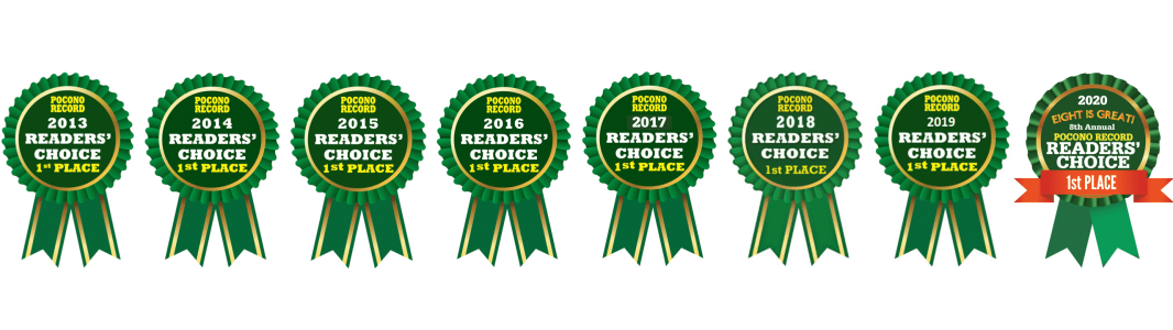 banner of eight Pocono Record Readers' Choice 1st place ribbons