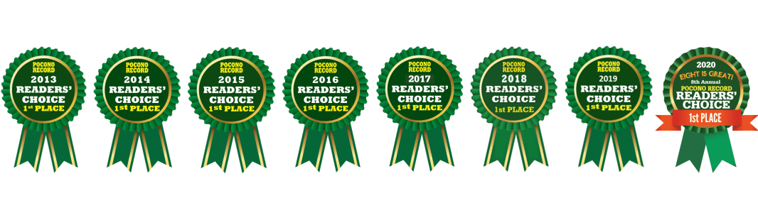 2013-2020 awards banner of eight Pocono Record Readers' Choice 1st place ribbons