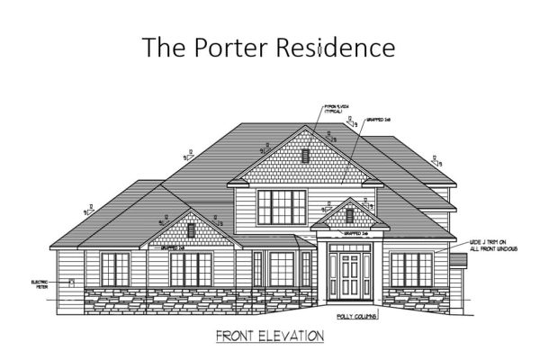 Exterior front elevation drawing of new home