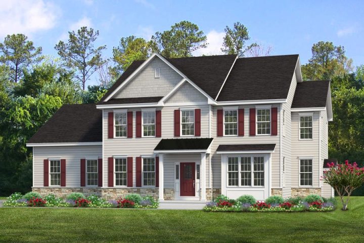 Yardley front elevation rendering with light tan siding and burgundy shutters, black roof
